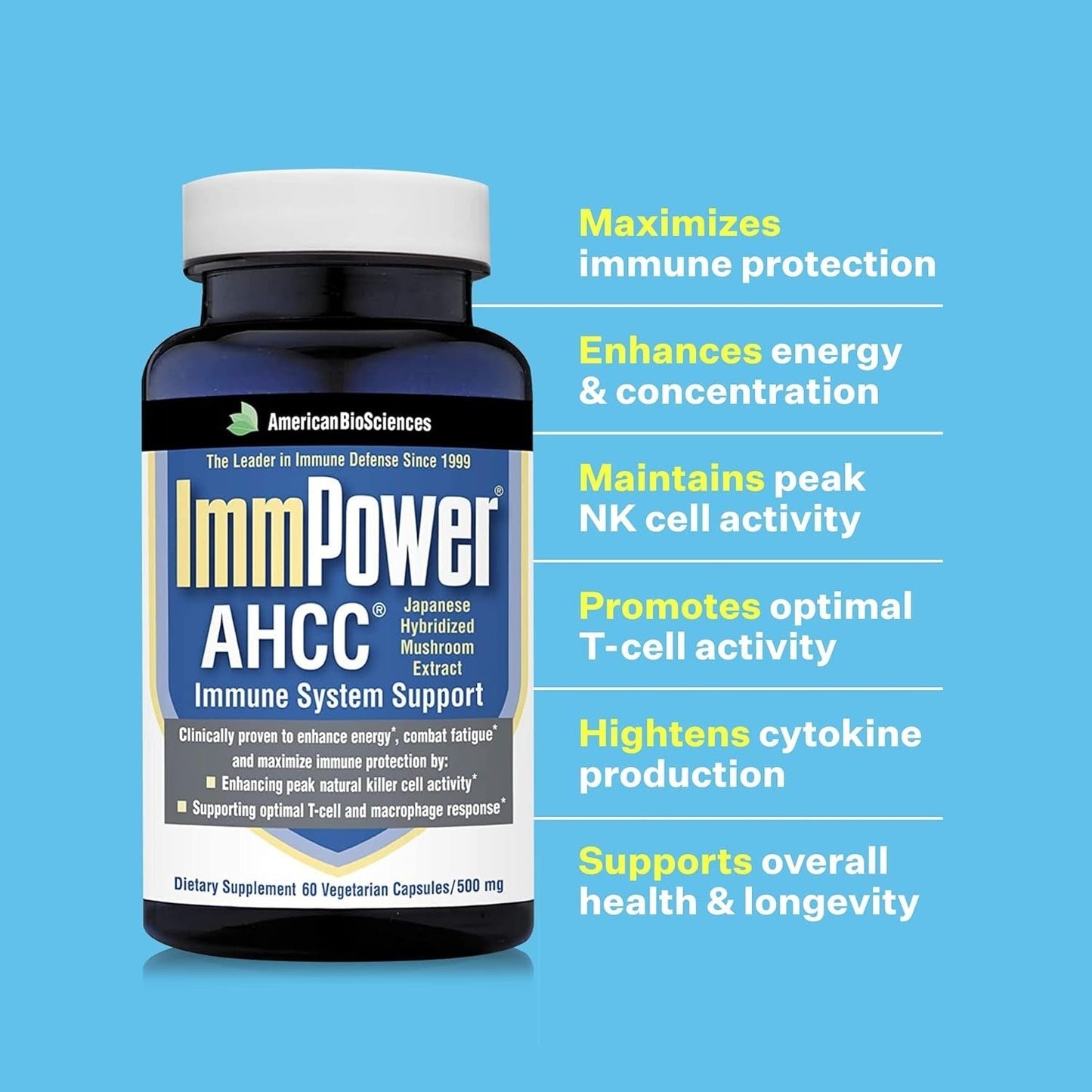 ImmPower AHCC Herbal Mushroom Supplement – 500mg – Immune Support & Natural Killer Cell Activity – 60 Vegan Capsules