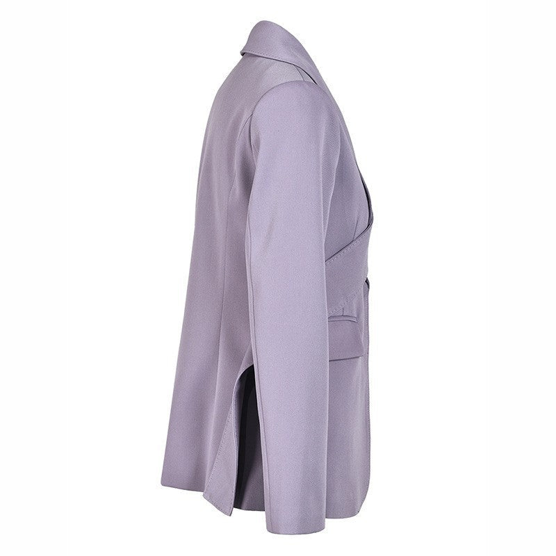 Irregular waist cinching purple suit tie with waist cinching and splicing design casual jacket