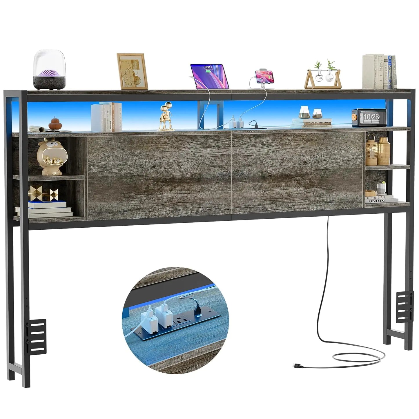 Unikito King Size Headboard with Storage Headboard with Outlets and RGB LED Light Sturdy Head Board for King Size Bed Stable King Headboard Only for Bedroom Dorm Room Guest Room Black Oak