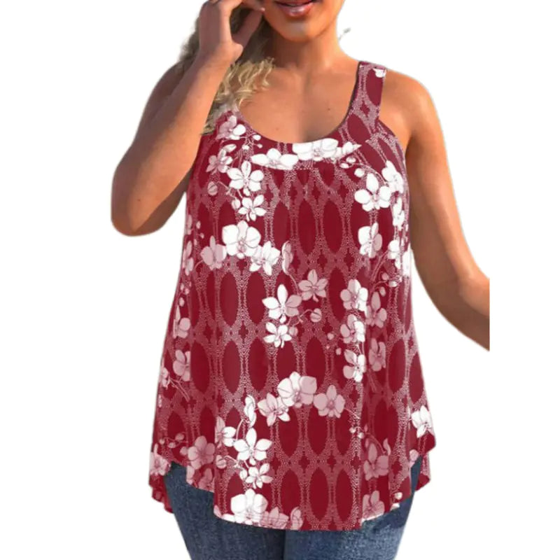 Casual Loose Floral Print Round Neck Sleeveless T-shirt