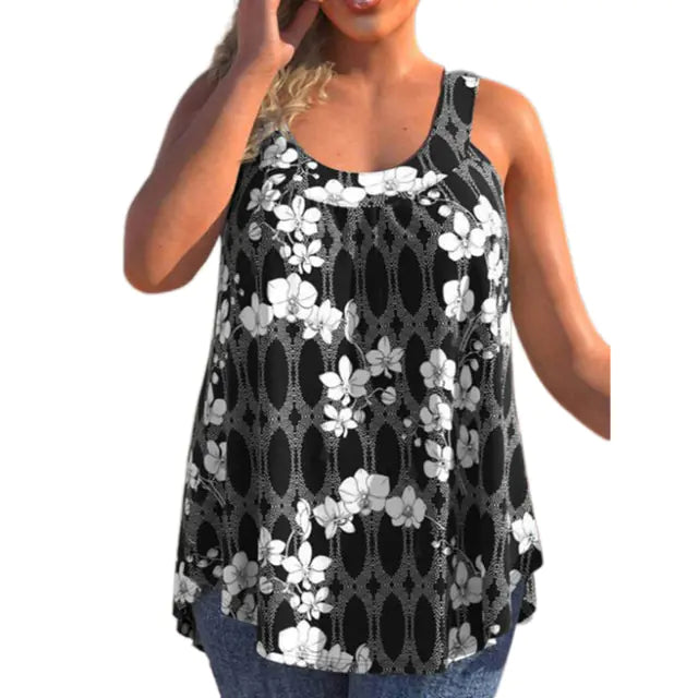 Casual Loose Floral Print Round Neck Sleeveless T-shirt