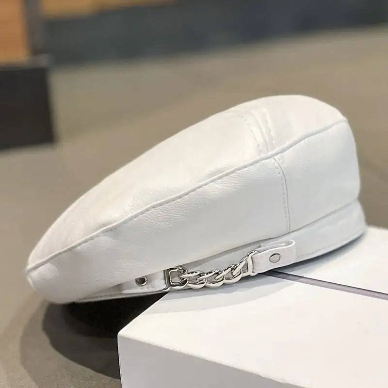 Women's PU Leather Beret Hat with Chain Detail