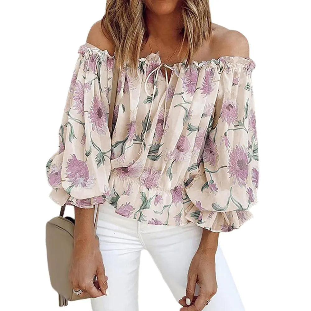 Women's Off-Shoulder Chiffon Print Long Sleeve Top