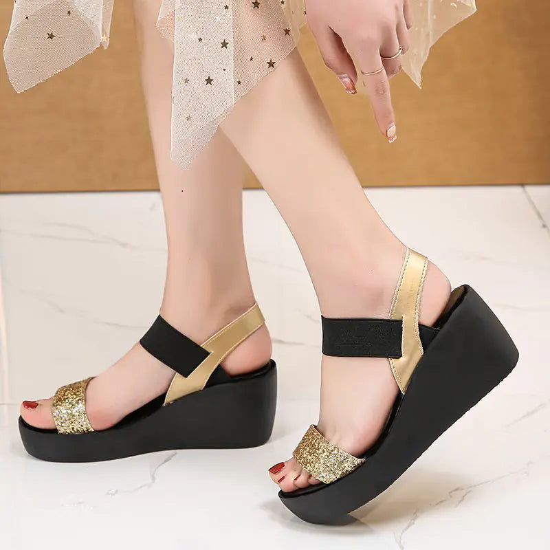 Wedge Heel Sequined Platform Sandals for Women