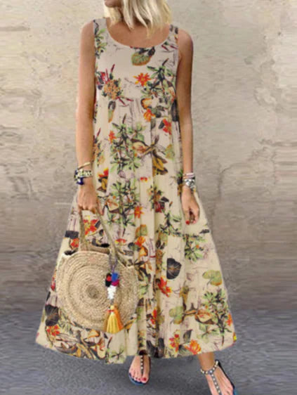 Retro Floral Print Short-sleeved Round Neck Dress