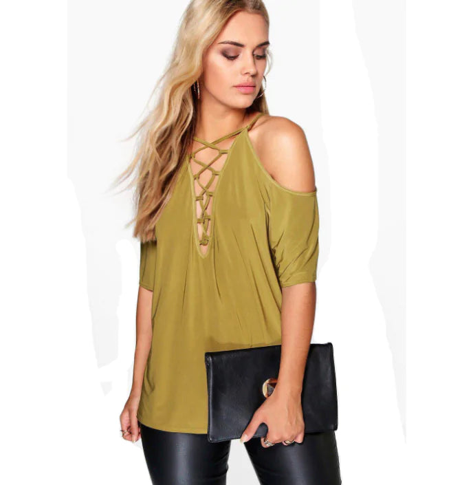 V-Neck Short Sleeve Autumn Top with Shoulder Tie for Women