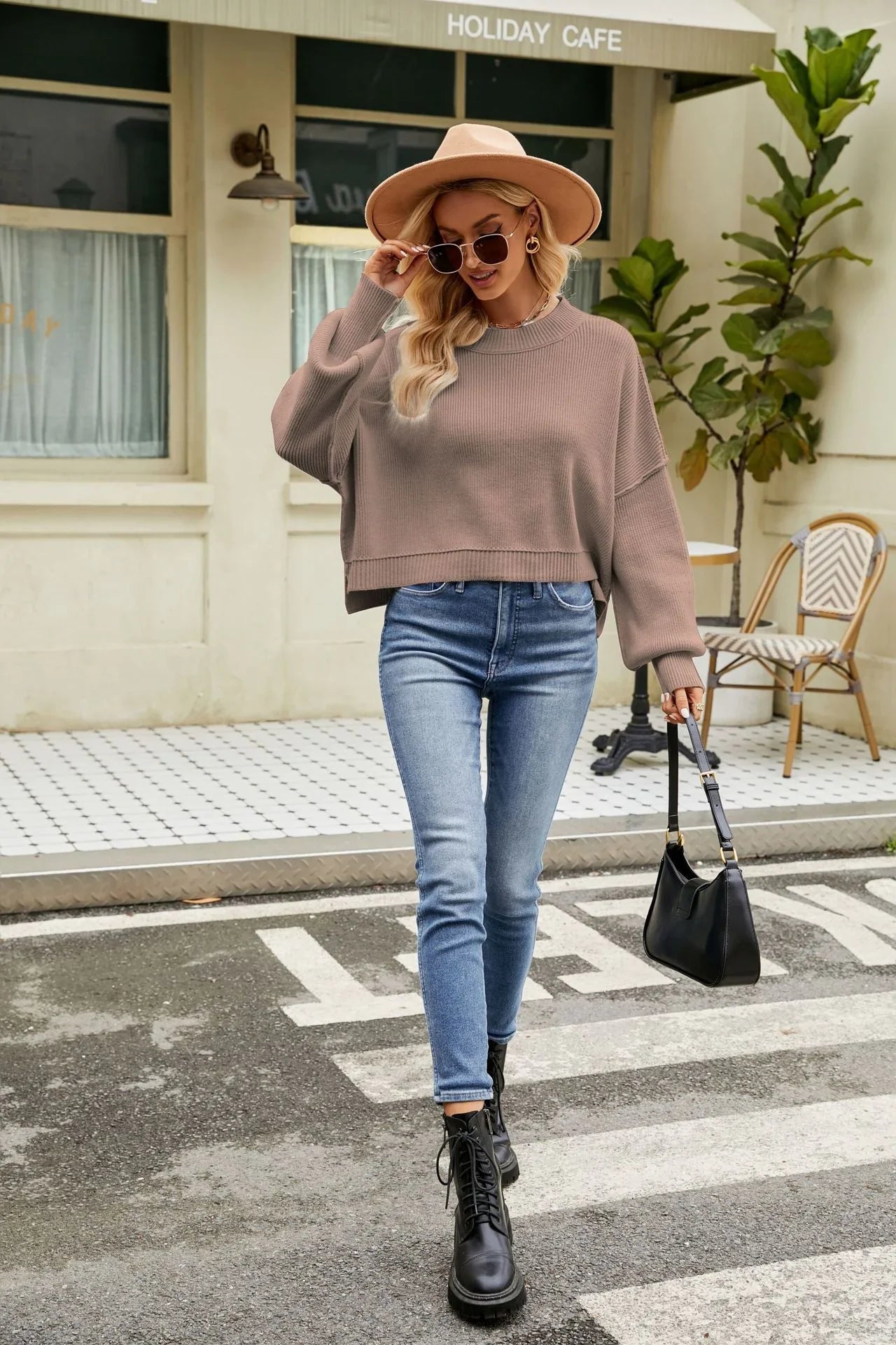 Women Loose Cropped Pullover Round Neck Sweater