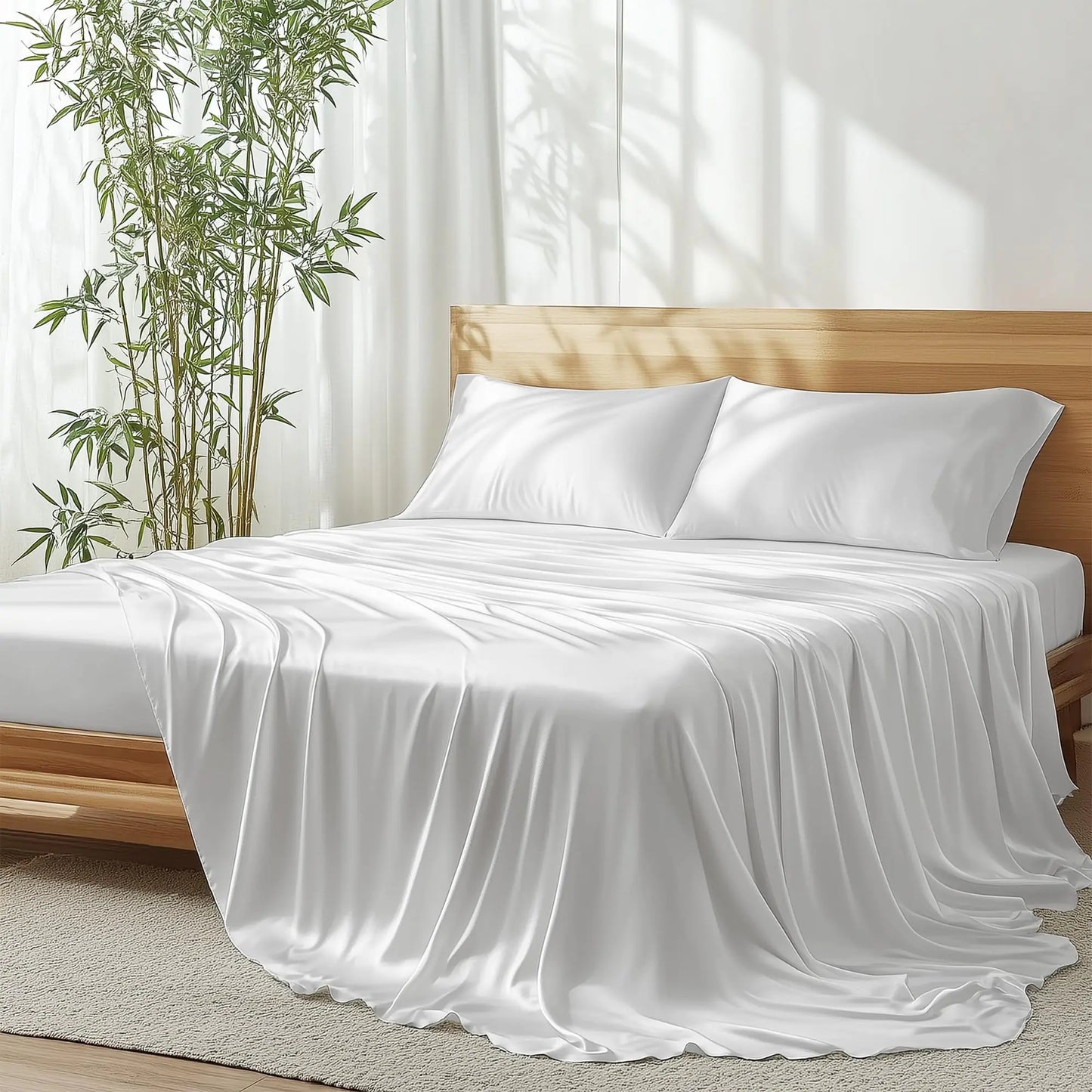 JSELF 100% Organic Viscose from Bamboo Sheets California King Size Set - Ultra Soft & Luxuriously Cooling Sheets for Hot Sleepers 16" Deep Pocket 4-Piece California King Size Bed Sheets Set (White)