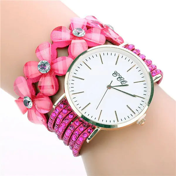 CCQ Women's Circle Bracelet Watch with Floral Crystals