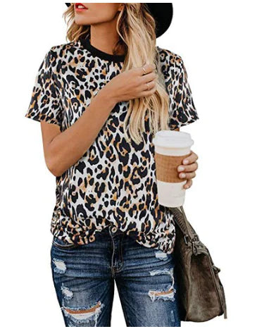 Leopard Print Round Neck Women's Short Sleeve T-Shirt