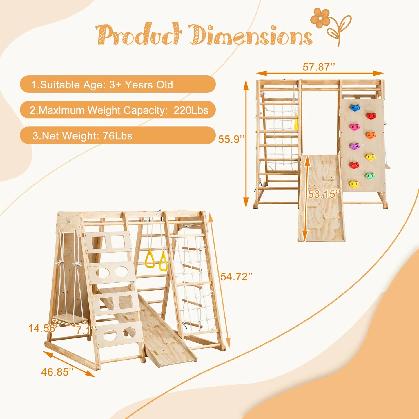 Toddler Indoor Wooden Gym 8-in-1 Indoor Playground Climbing Playset