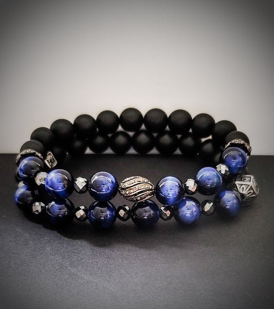 Men's Blue Tiger Eye and Black Diamonds bracelet set