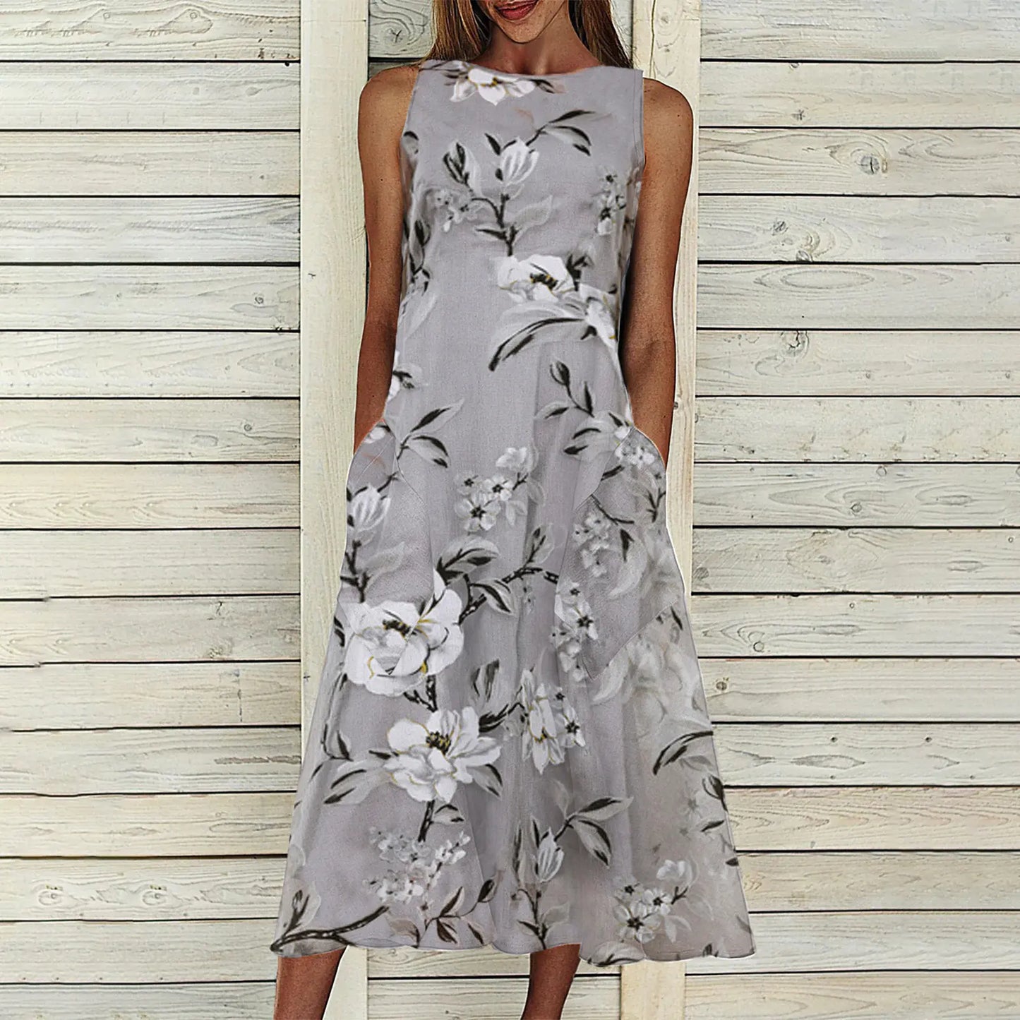Floral A-line Dress with Round Neck and Mid-length