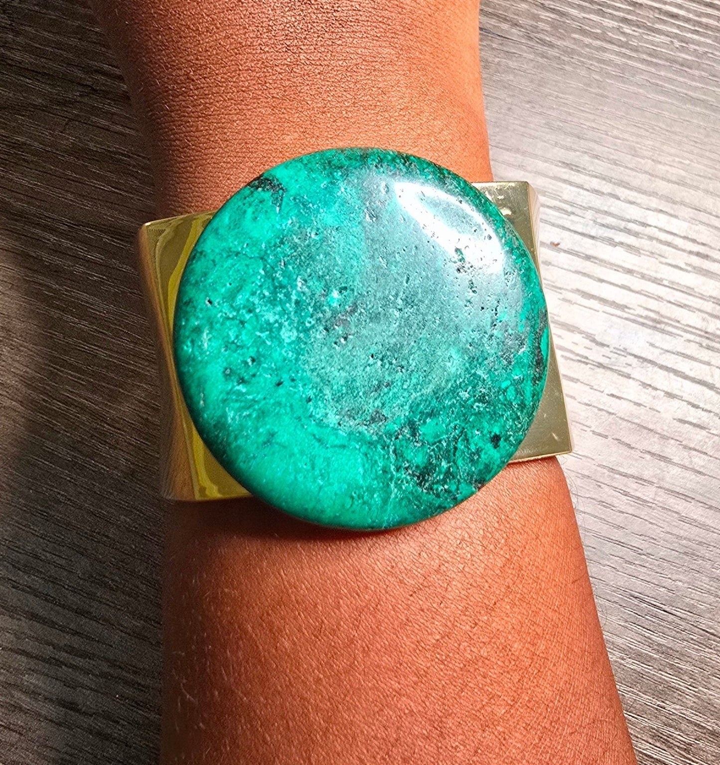 Natural Green Turquoise and Gold Bangle