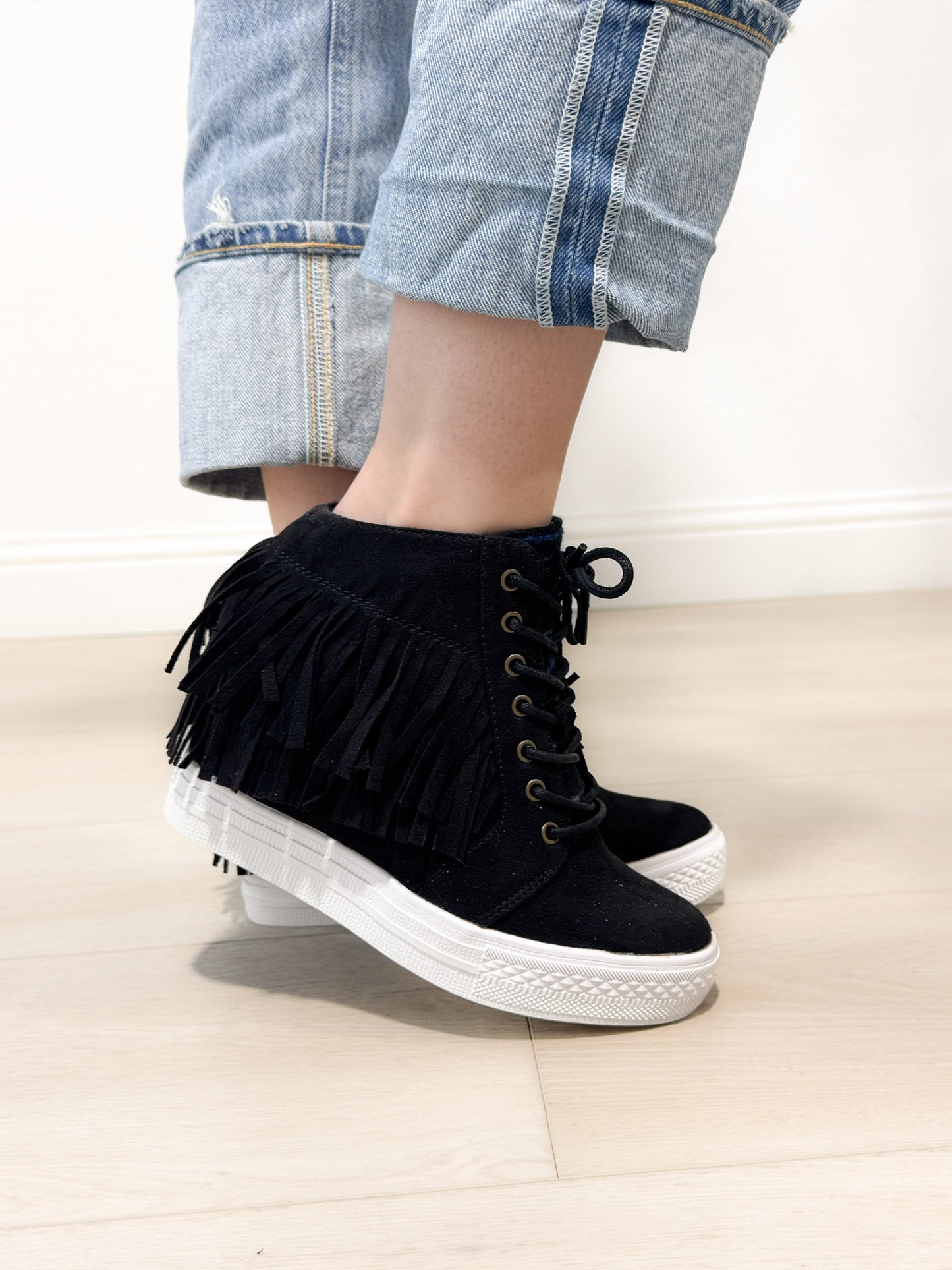 Nick Fringe Sneaker Wedge in Black