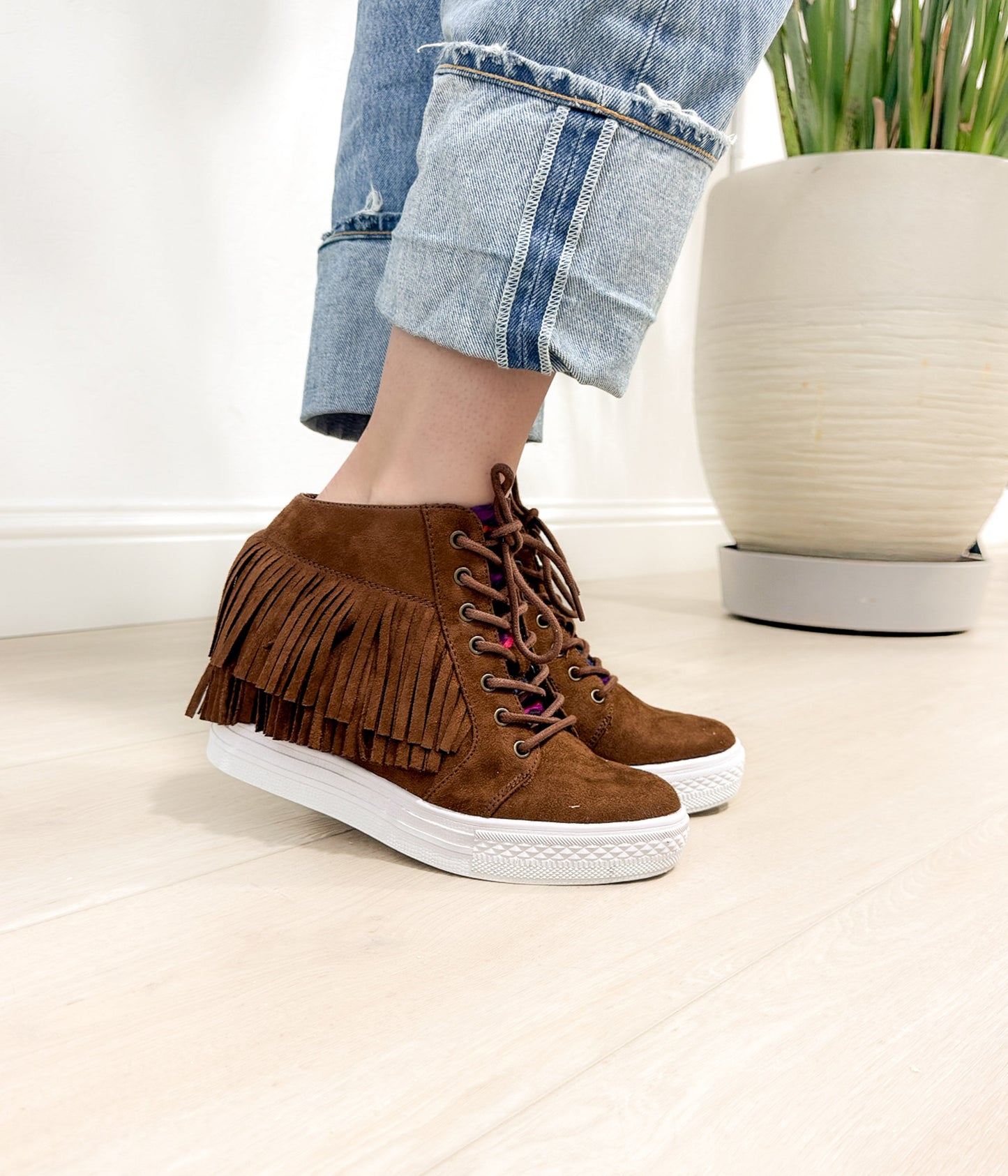 Nick Fringe Sneaker Wedge in Brown