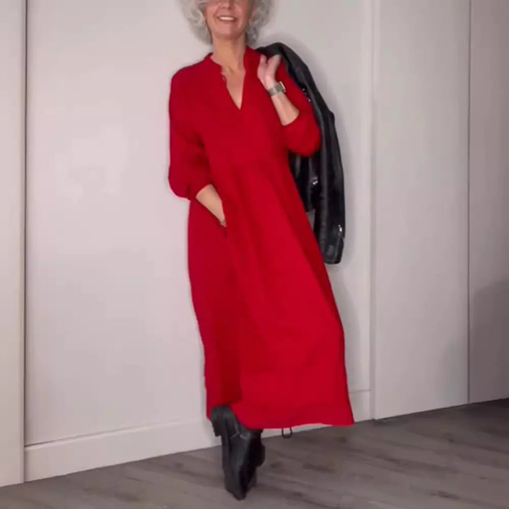 Fall Winter Women's Solid Color V-Neck Dress