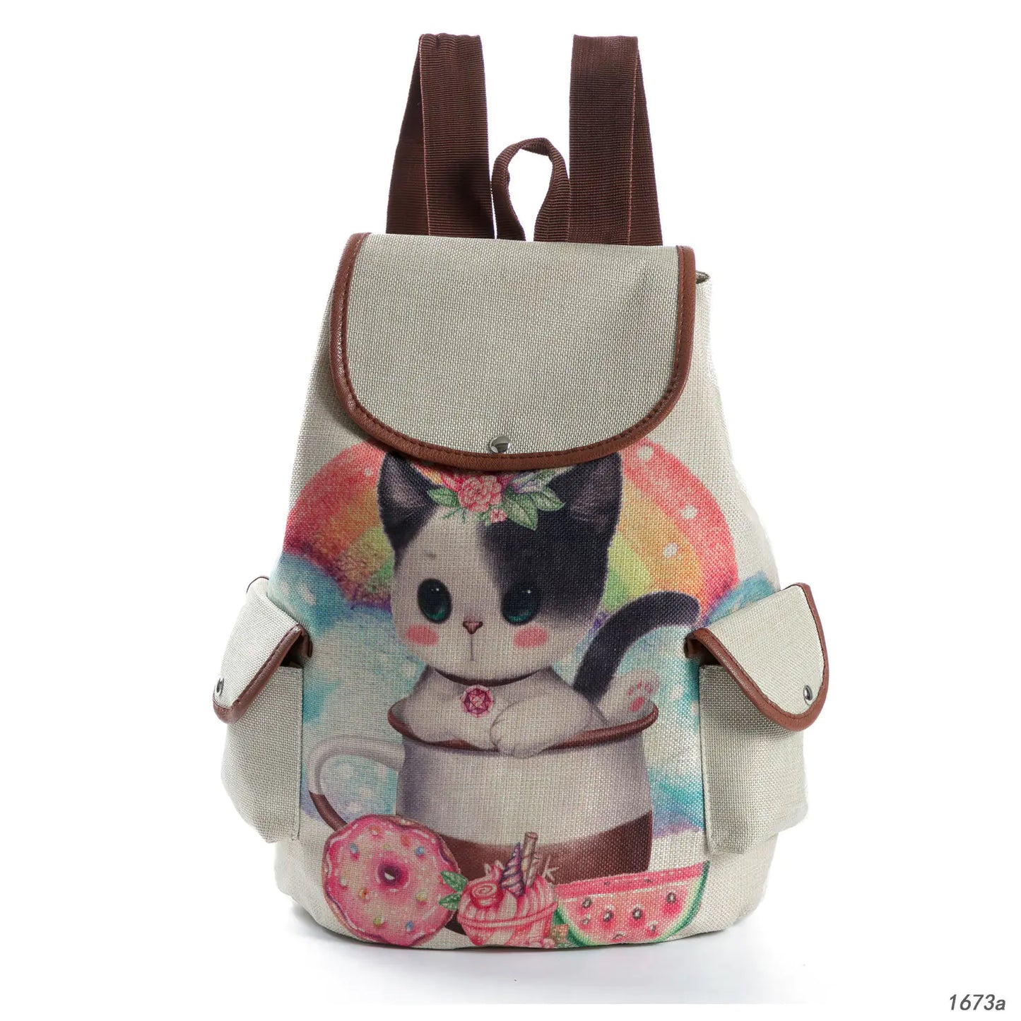 Cat Print Student Backpack, Linen Women's Backpack