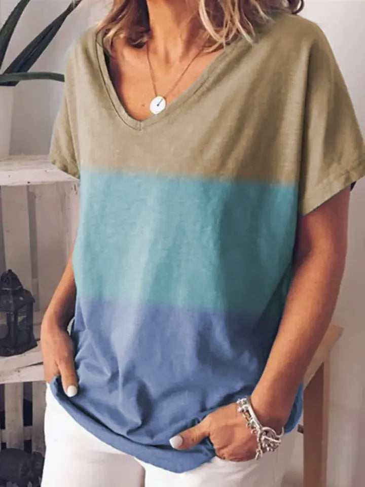 Gradient Color V-Neck Short Sleeve T-Shirt