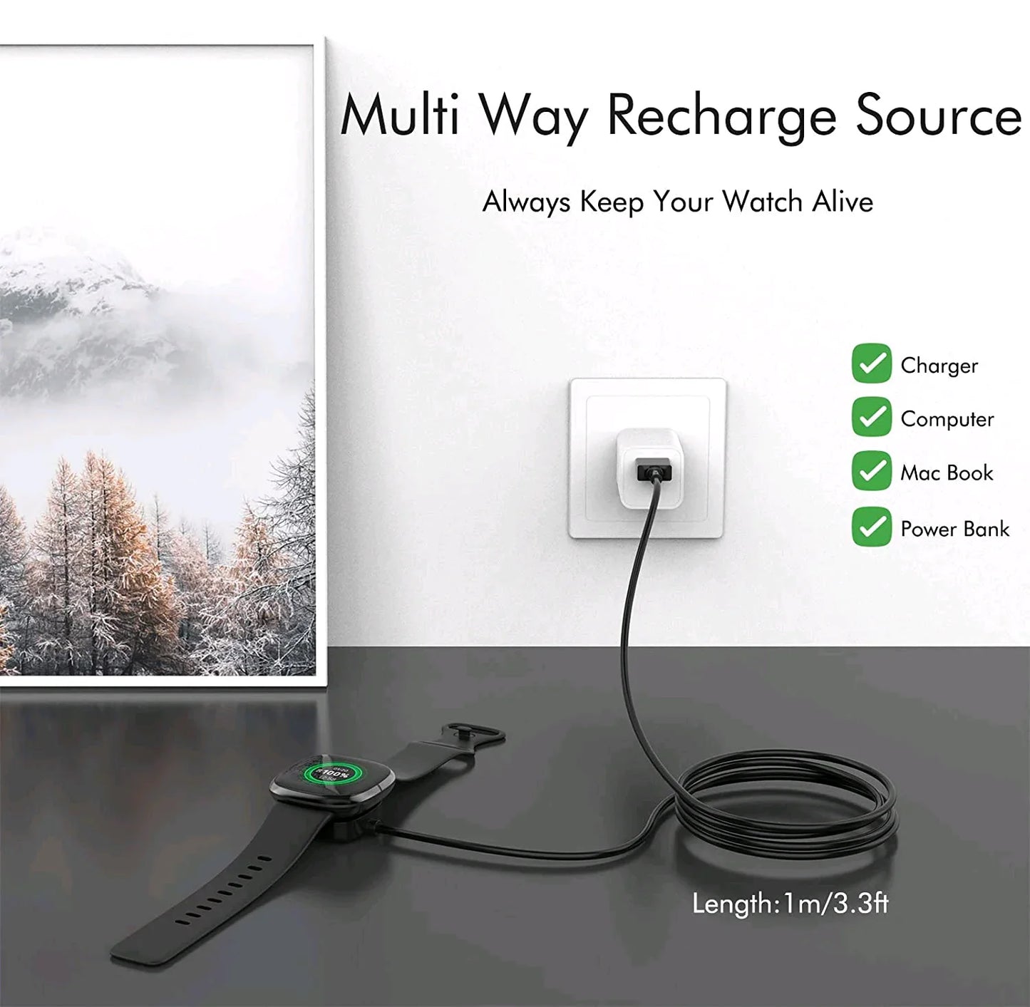 Wireless Charger For Fitbit Sense Versa 3 4 Watch USB Fast Charging Dock Cable