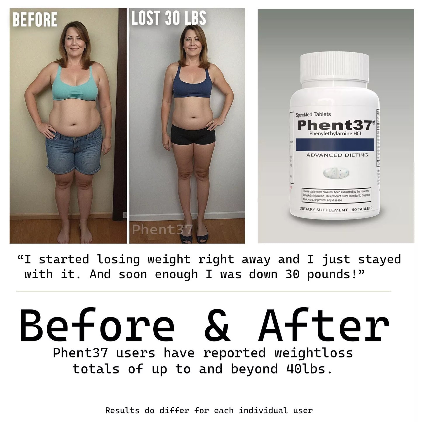 Phent37 – Powerful Diet Pills & Fat Burner for Weight Loss | 1 Bottle (60 Tablets)