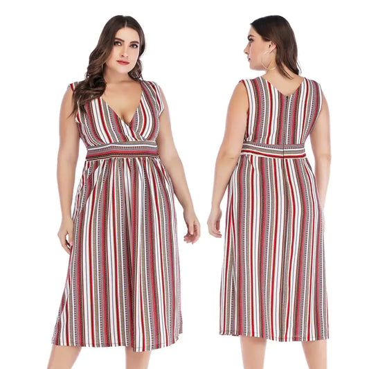 Plus Size Women's V-neck Striped Sleeveless Dress