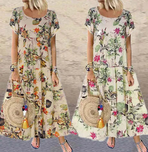 Retro Floral Print Short-sleeved Round Neck Dress
