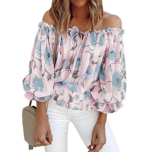 Women's Off-Shoulder Chiffon Print Long Sleeve Top