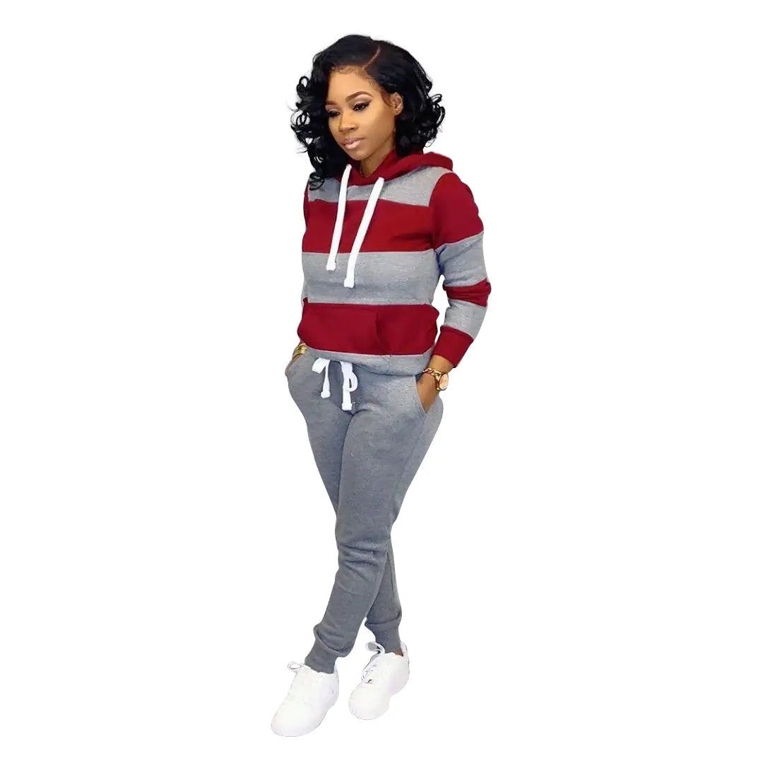 Striped Hooded Sweatshirt and Pants Set for Women