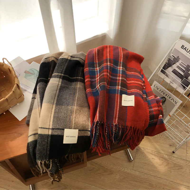 Versatile Retro Plaid Scarf with Tassels for Women