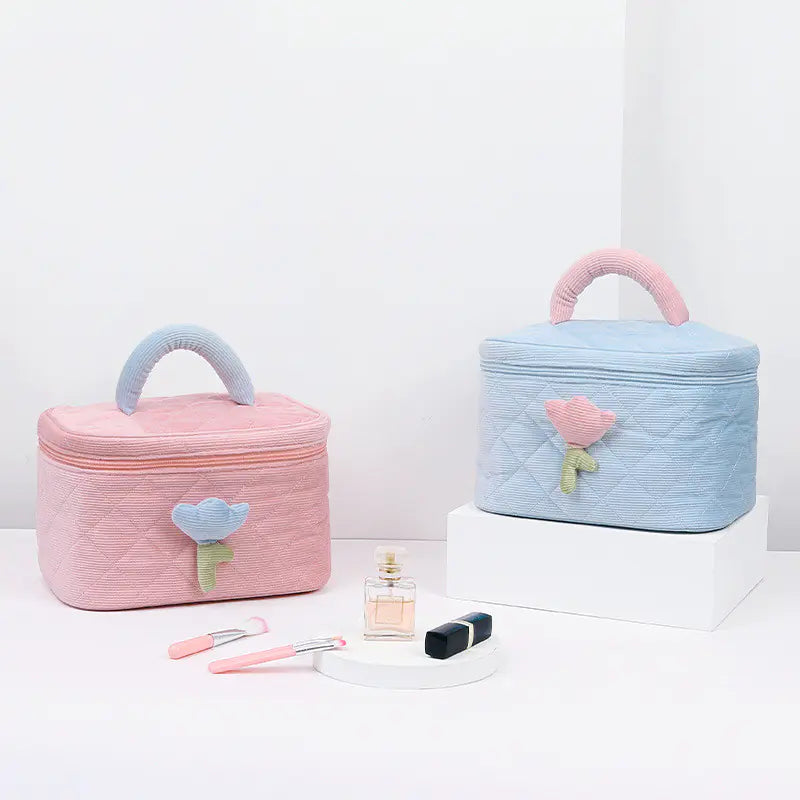 Set for Travel Corduroy Flower Makeup Bag and Beauty