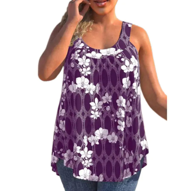 Casual Loose Floral Print Round Neck Sleeveless T-shirt