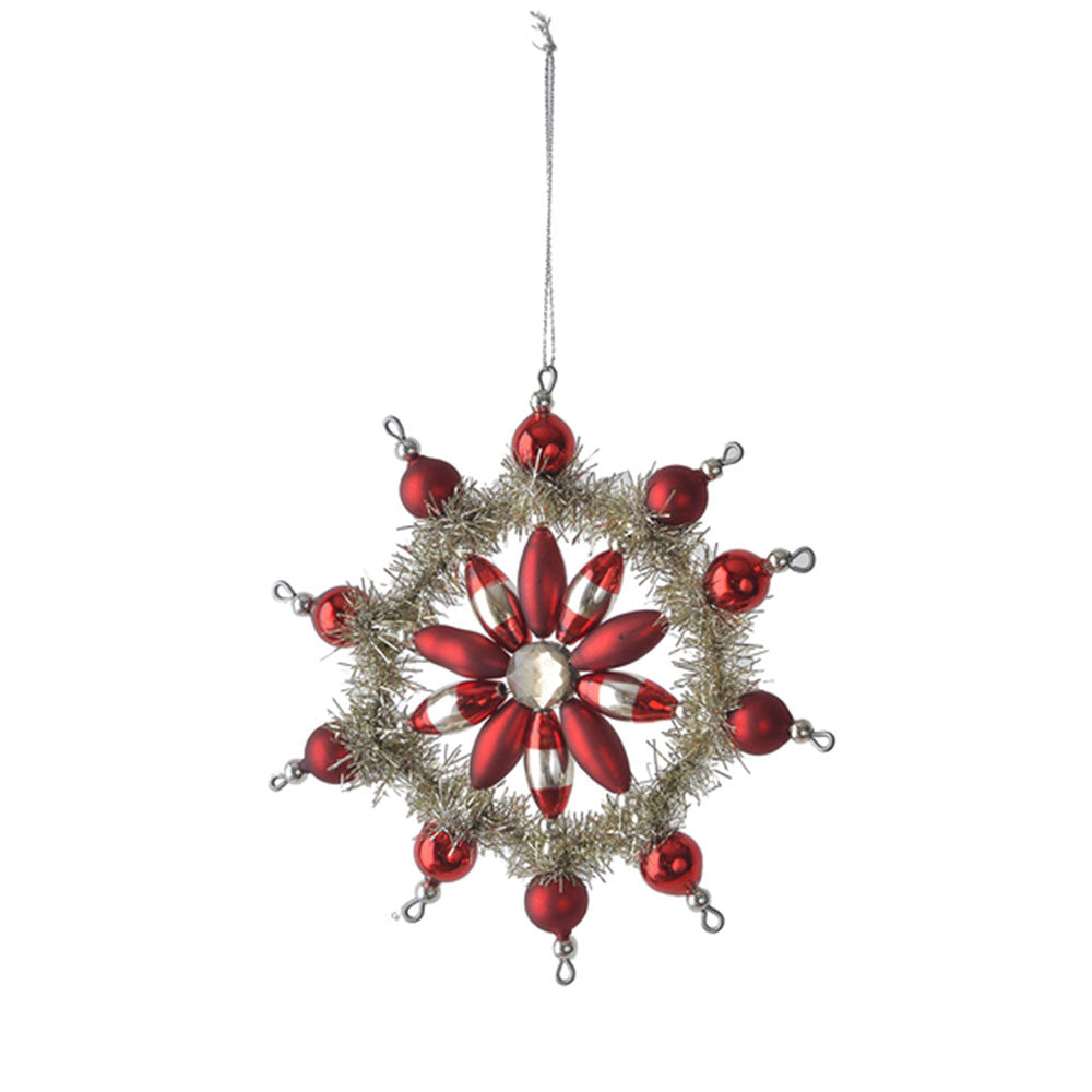 Vintage Style Glass & Tinsel Snowflake Ornament RED