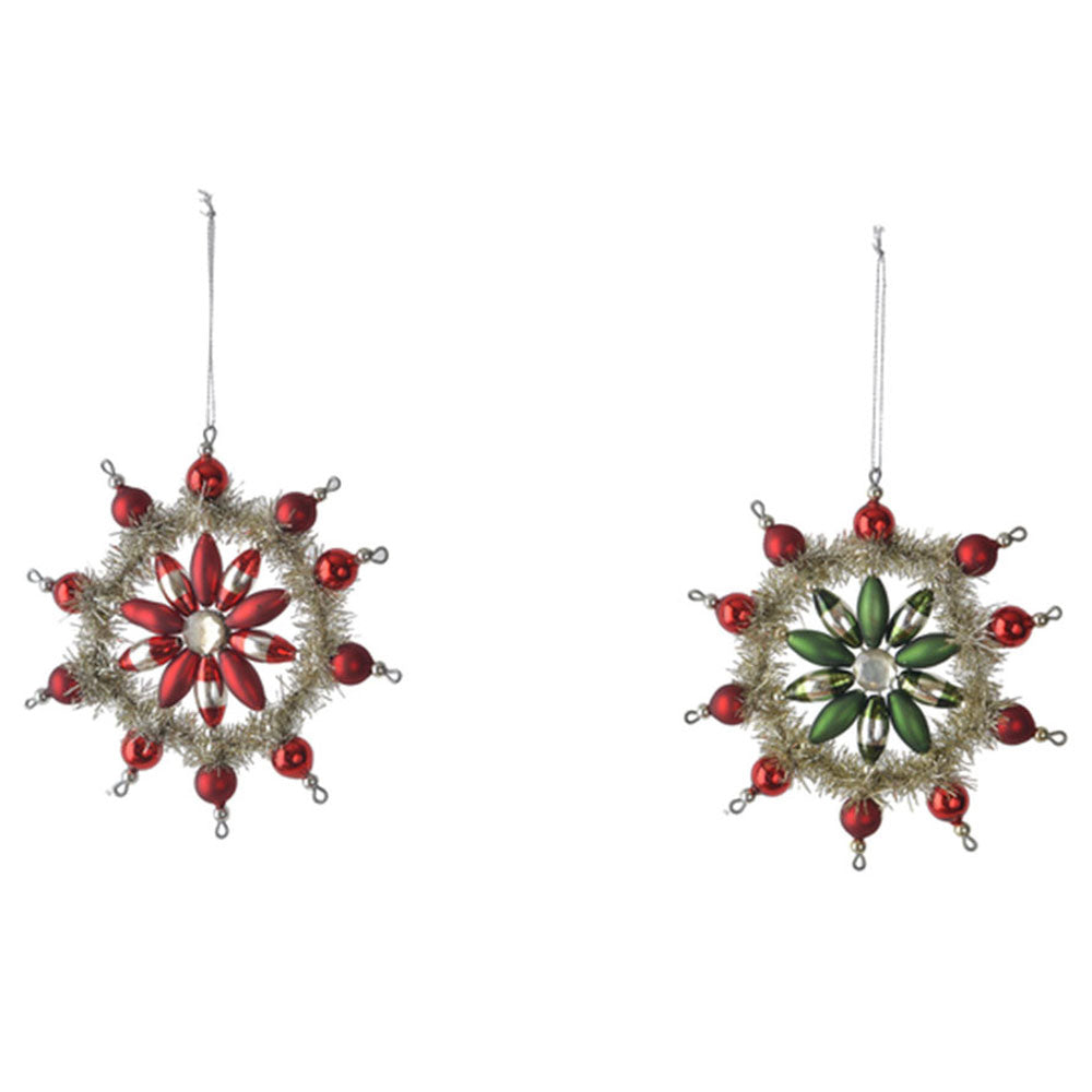 Vintage Style Glass & Tinsel Snowflake Ornament RED