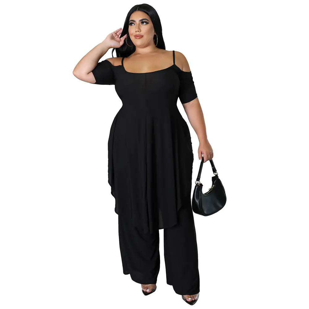 Plus Size Cold Shoulder Top & Wide Leg Pants Set