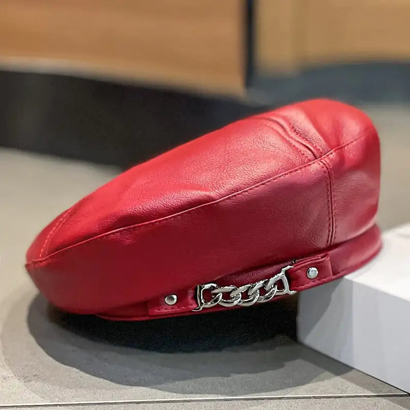 Women's PU Leather Beret Hat with Chain Detail