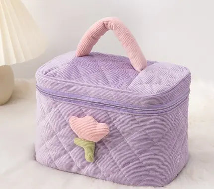 Set for Travel Corduroy Flower Makeup Bag and Beauty