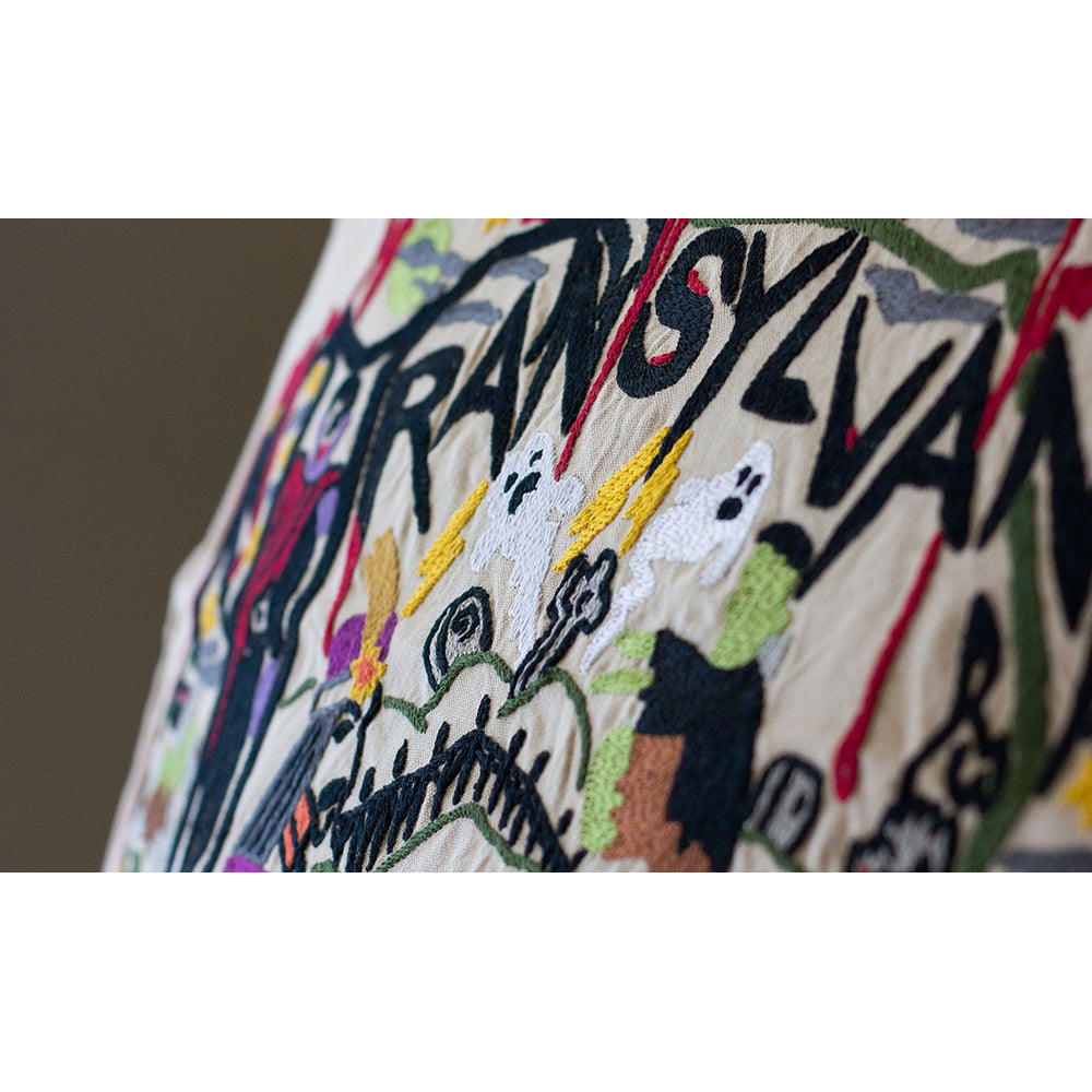 Transylvania Halloween Hand-Embroidered Pillow