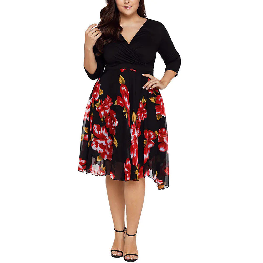 Elegant Plus Size Floral V-Neck Short Sleeve Dress