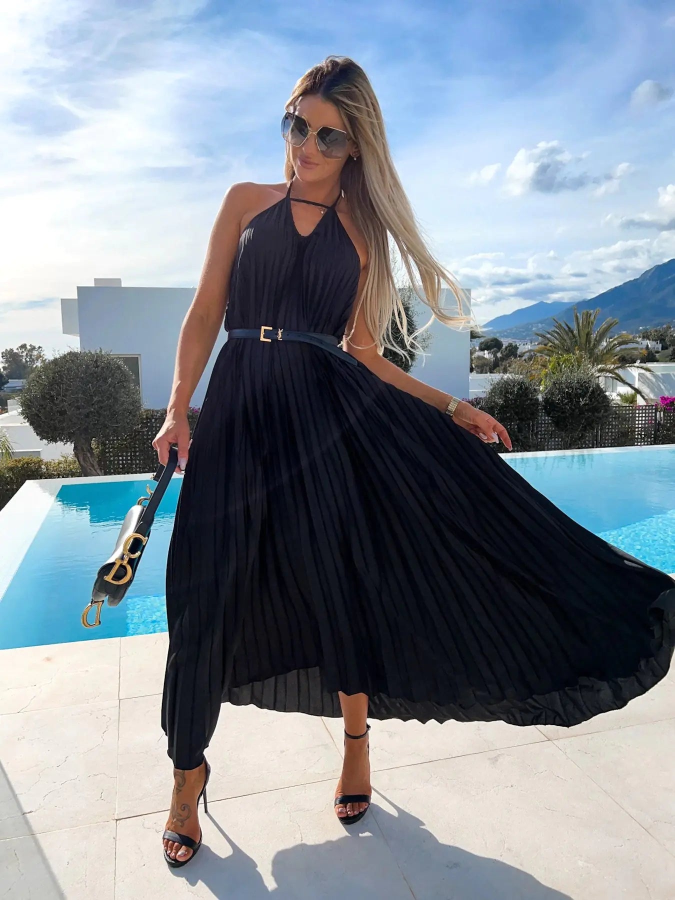 Bohemian Pleated Maxi Dress with Belt