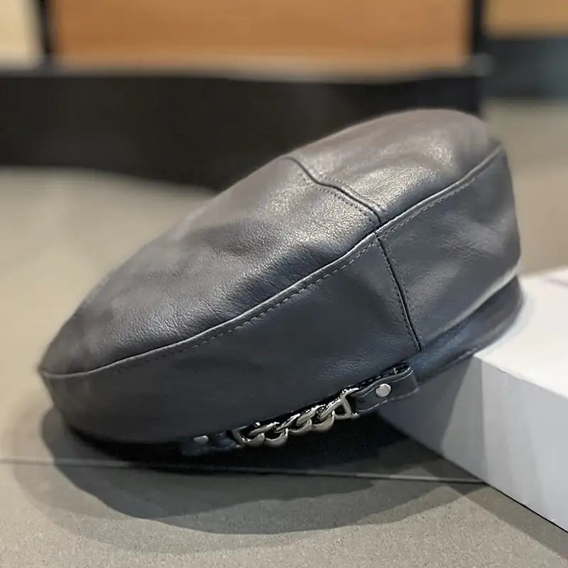 Women's PU Leather Beret Hat with Chain Detail