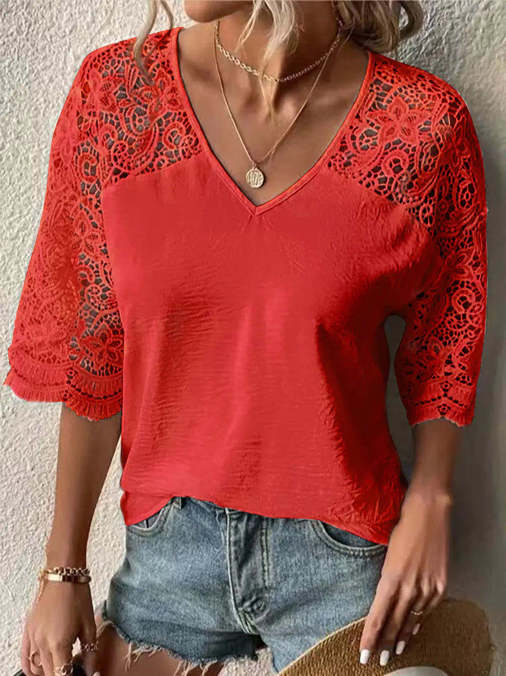 V-Neck Lace Hollow Loose Shirt