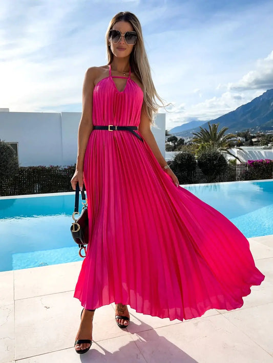 Bohemian Pleated Maxi Dress with Belt