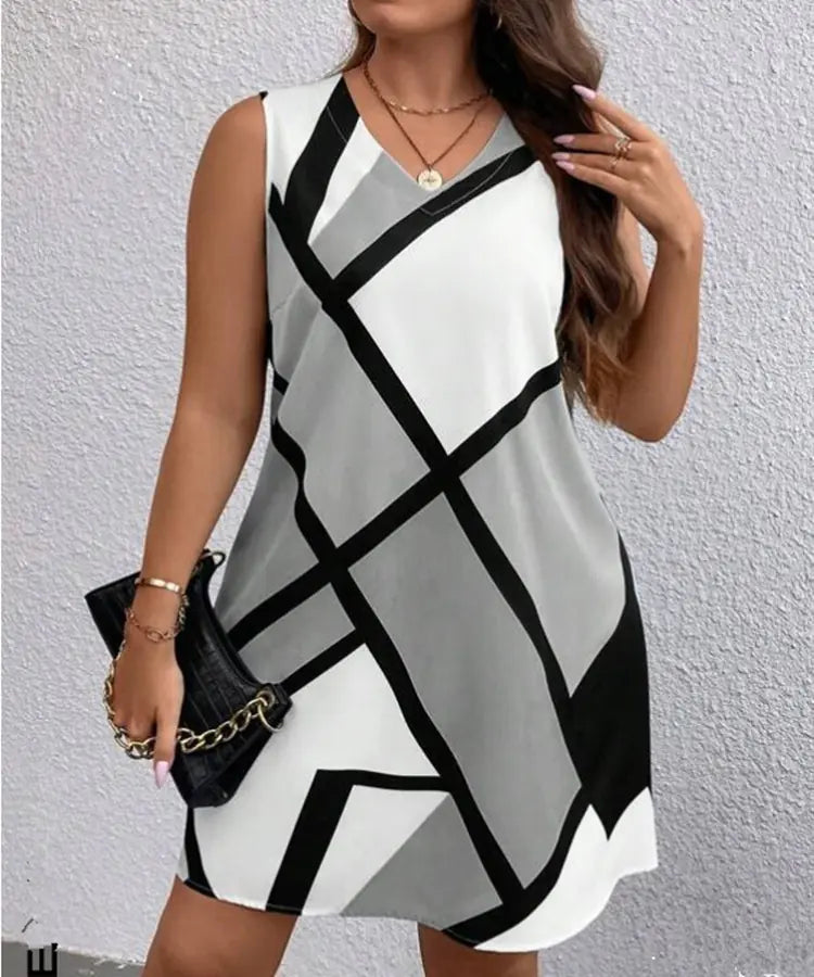 Geometric Print Fashion V-Neck Sleeveless Dress