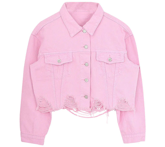 Casual Women's Cropped Denim Jacket in Ghost Pink