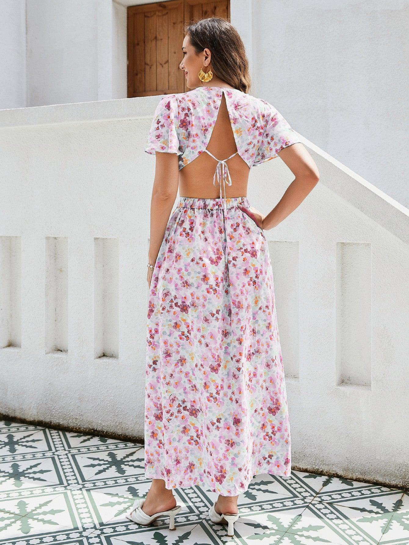 Floral Elegance Maxi Dress - Ruffle Sleeves, Cutout Waist & High Slit, Perfect for Vacations in Breathable Rayon