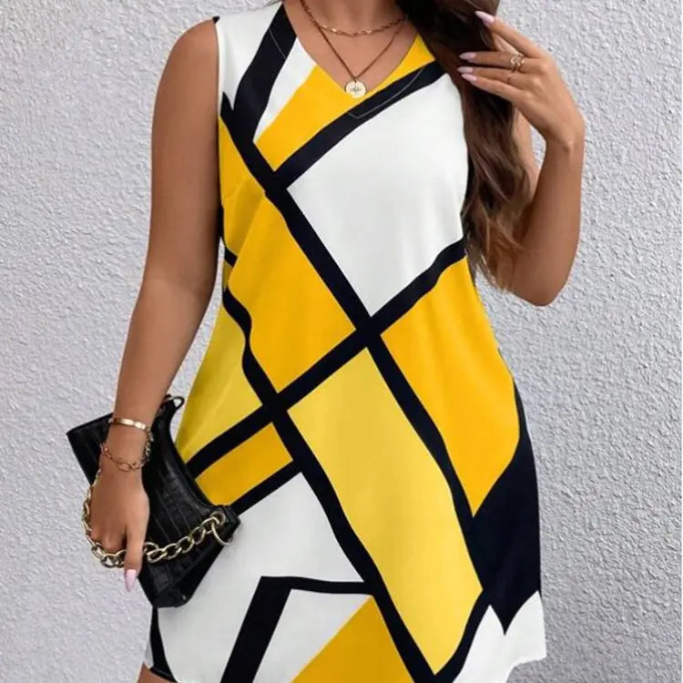 Geometric Print Fashion V-Neck Sleeveless Dress