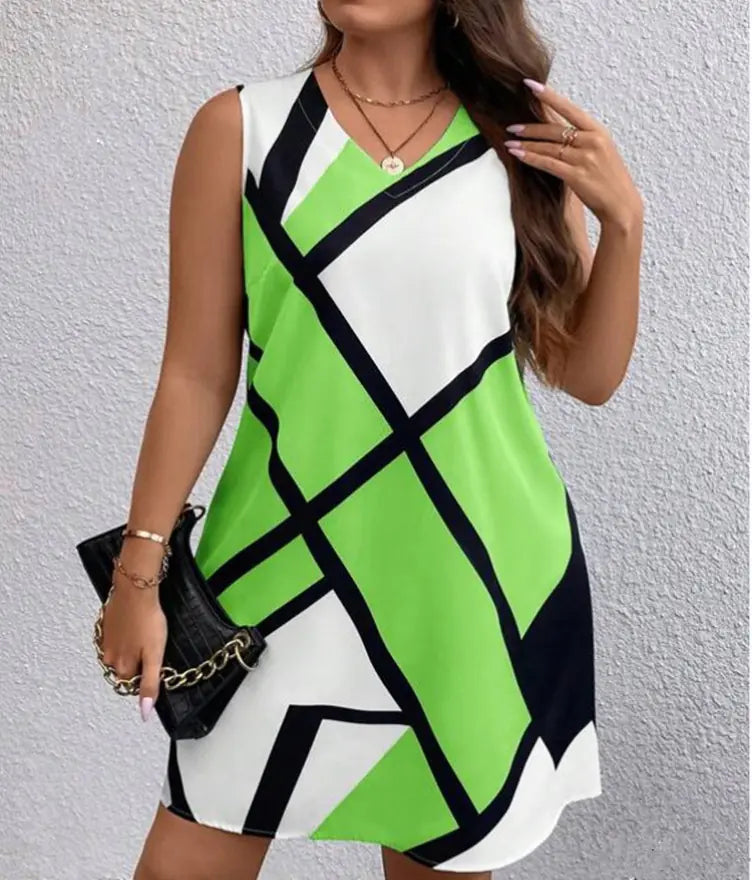 Geometric Print Fashion V-Neck Sleeveless Dress