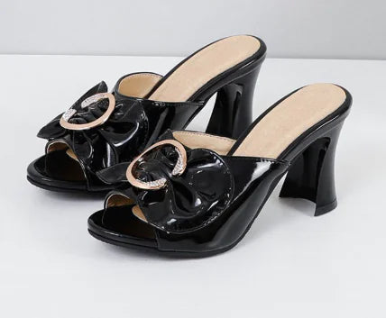 Thick-Heeled Rhinestone Sandals and Slippers