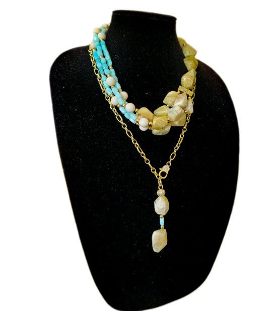 Yellow and Peruvian Blue Opal Multistrand Necklace